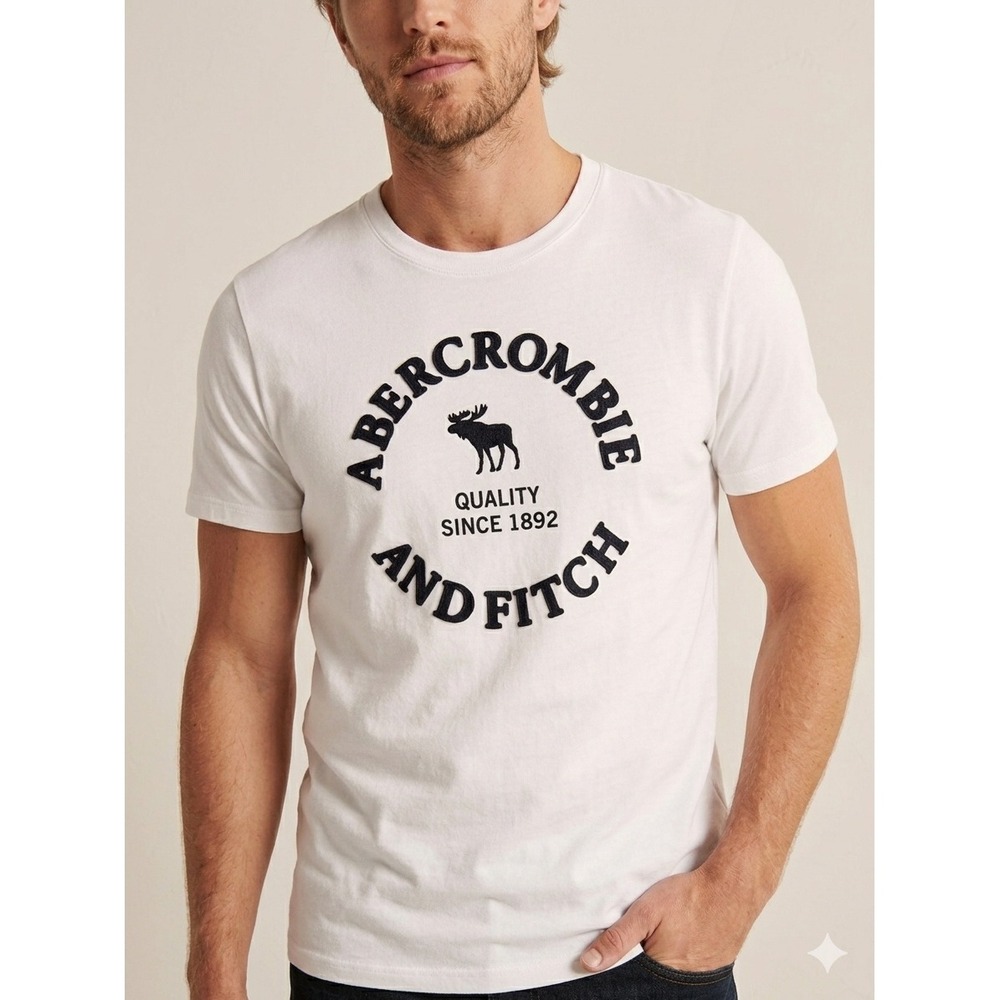 Abercrombie & Fitch T-Shirt Mens M White Graphic Logo Moose Short Sleeve Tee